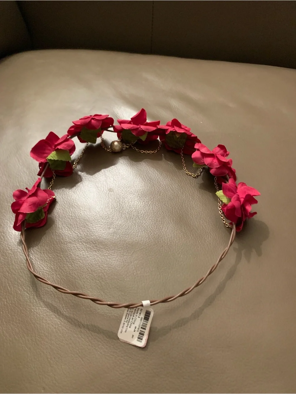 Red Flower🌹 Crown 👑Headband with Gold Chain and Pearl Accent-Adjustable/Bendable